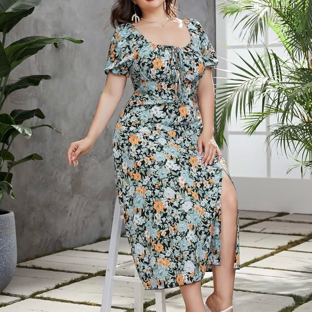 Women’s Floral Print Tie Front Square Neck Slit Hem Midi Dress SIZE 3X